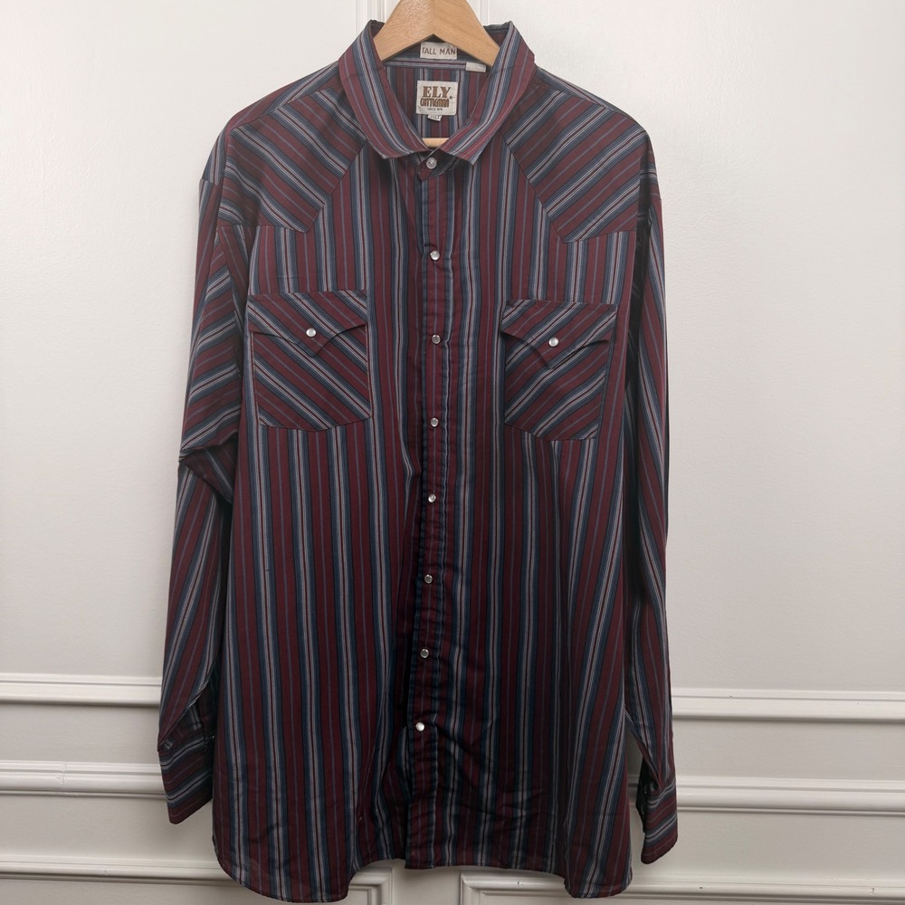 Ely Cattleman Mens 3XLT Western Pearl Snap Shirt Burgundy Blue Striped Tall Man